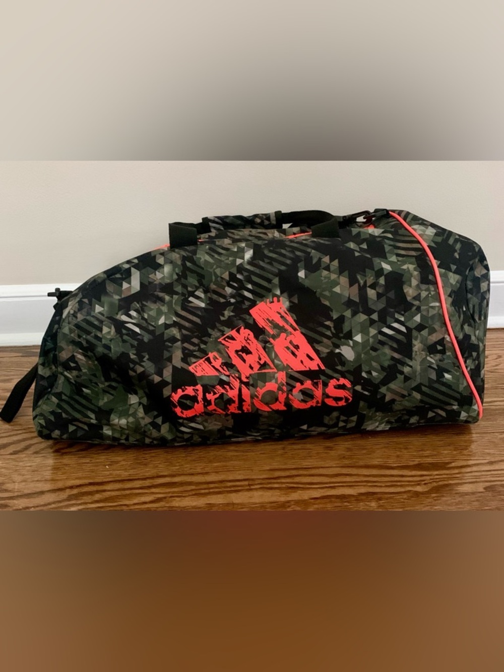 Adidas Men's Green Camo Duffel Bag with Orange Logo 25” long